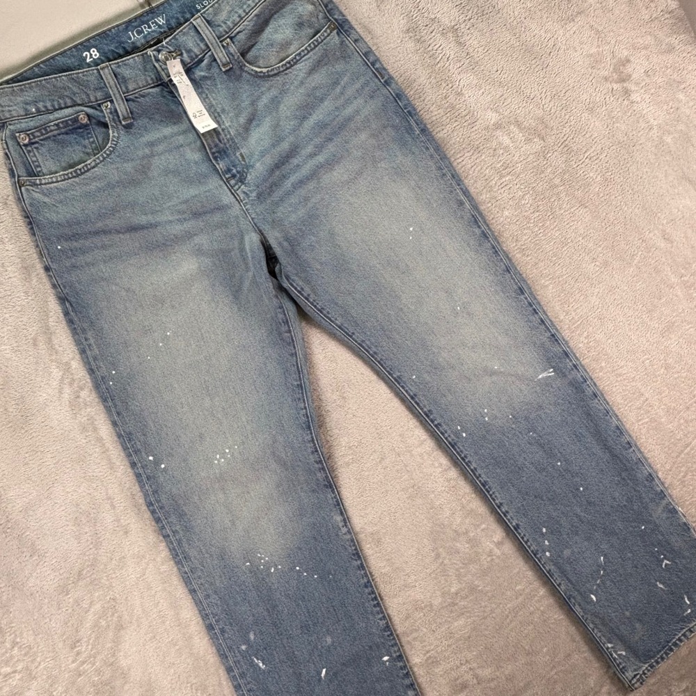 J.Crew Women's Mid-Rise Slouchy Straight‎ Jeans Paint Splatter Blue Sz 28 NWT